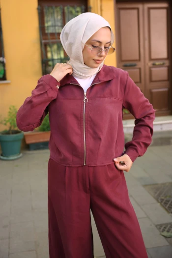 Bordo Fermuarlı Ceket Pantolonlu Tencel Takım