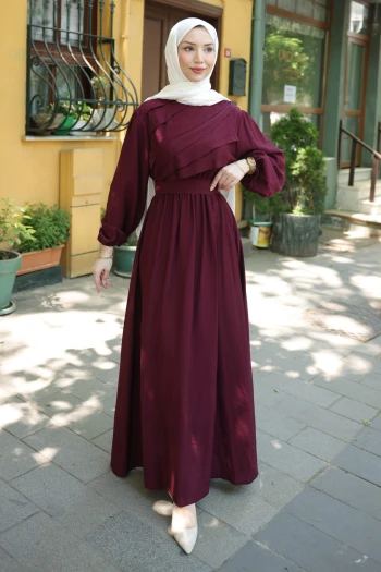 Bordo Fırfır Katlı Bel Lastikli Elbise