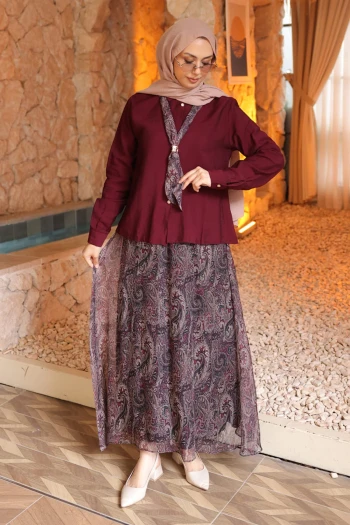 Bordo Fular Detaylı Şifon Etekli Takım
