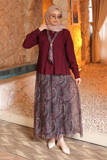 Bordo Fular Detaylı Şifon Etekli Takım