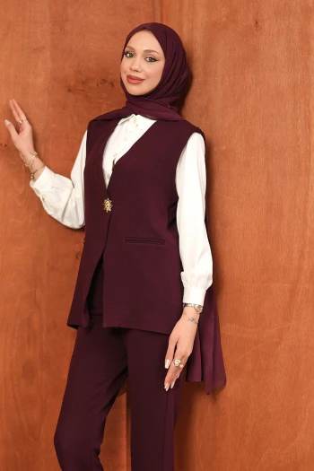 Bordo Gömlek Yelek Pantolonlu 3'lü Kombin Takım