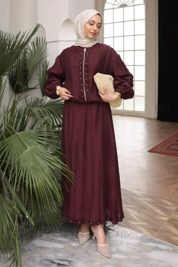 Bordo Kol Lastikli Fermuarlı Ceket Etekli Takım