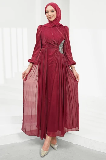 Bordo Kolu Lastikli Taş Detaylı Abiye