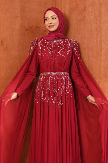 Bordo Omuz Pelerinli Taşlı Abiye