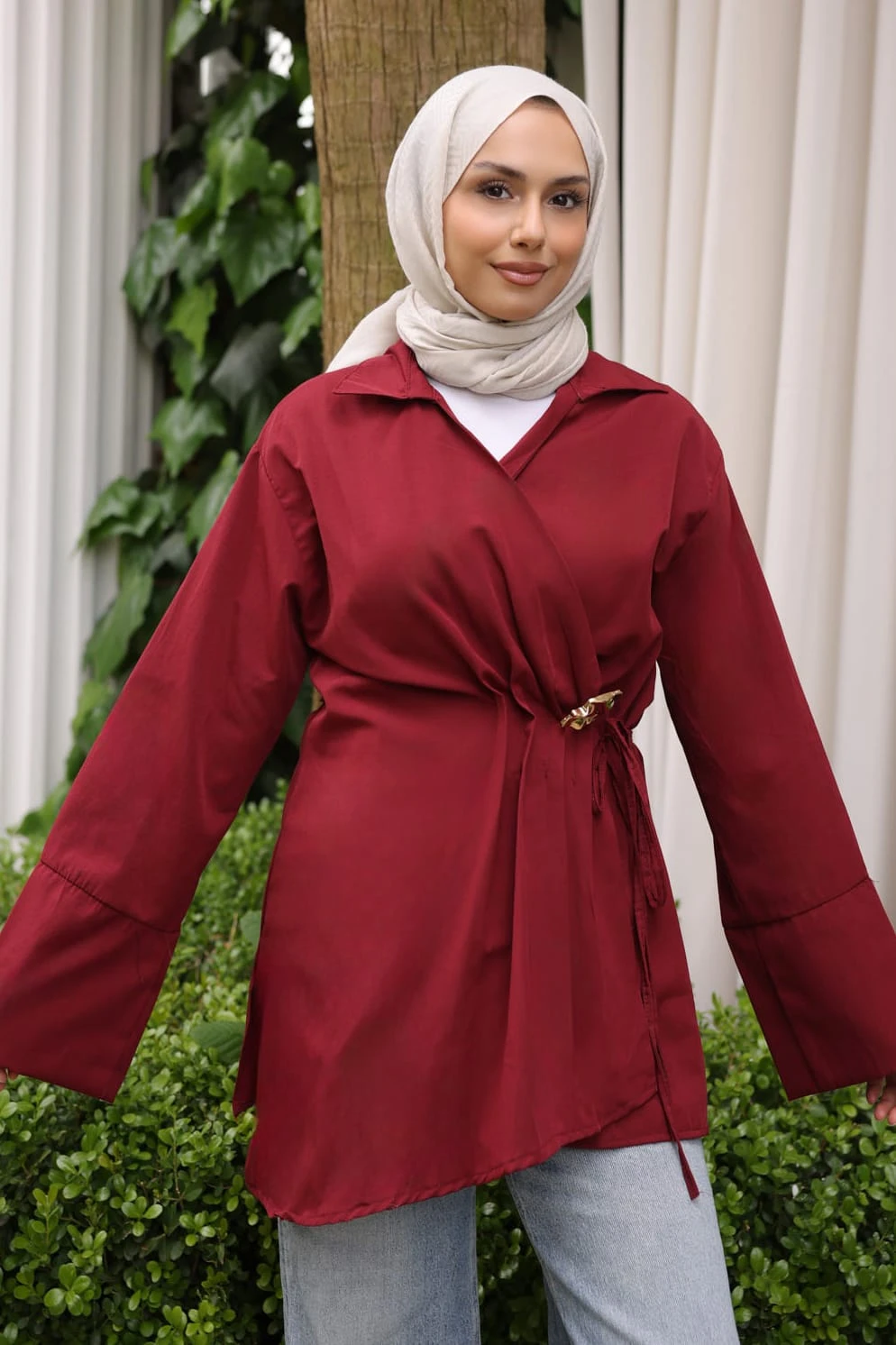 Bordo Ön Bağlamalı Bronş Detaylı Kimono