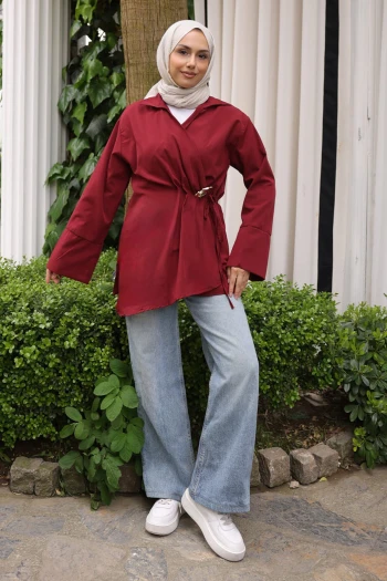 Bordo Ön Bağlamalı Bronş Detaylı Kimono