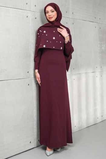 Bordo Ön Pelerin Detaylı Taşlı Abiye