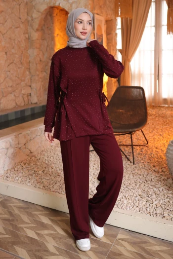 Bordo Önü Taş Detaylı Yan İp Bağlamalı Tunik Pantolonlu Takım