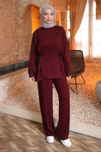 Bordo Önü Taş Detaylı Yan İp Bağlamalı Tunik Pantolonlu Takım