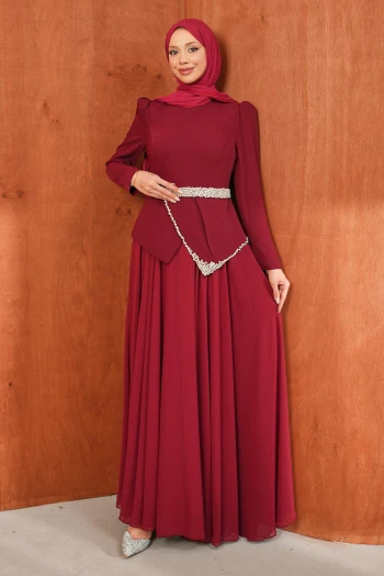 Bordo Taş Detaylı Kemerli Abiye