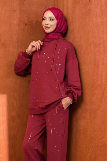 Bordo Taş Detaylı Tunik Pantolonlu Takım