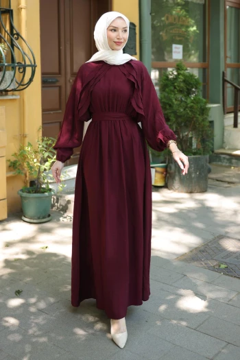 Bordo Yanları Fırfırlı Bel Lastikli Elbise