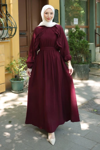 Bordo Yanları Fırfırlı Bel Lastikli Elbise