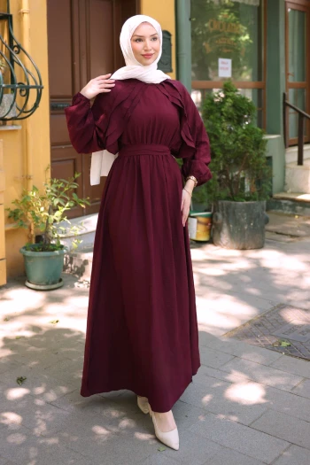 Bordo Yanları Fırfırlı Bel Lastikli Elbise