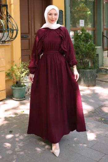 Bordo Yanları Fırfırlı Bel Lastikli Elbise
