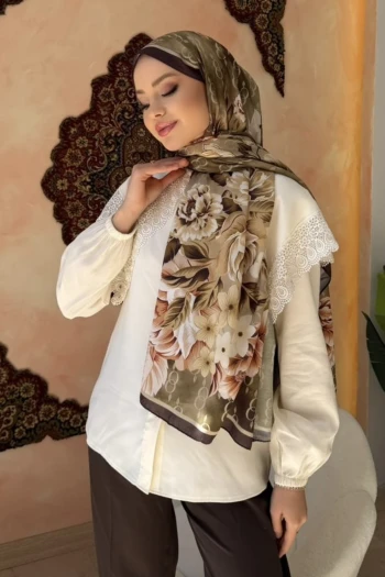 Haki Çiçek Desenli Soft Şal