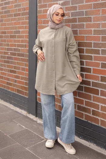 Haki Düğmeli Basic Salaş Tunik