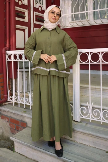 Haki Gömlek Etekli Müslin Takım