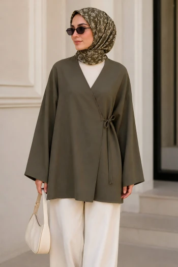 Haki Kruvaze Yaka Yandan Bağlamalı Oversize Yazlık Kimono Tunik