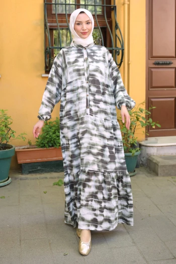 Haki Yarım Düğmeli Kol Lastikli Batik Desenli Viskon Elbise