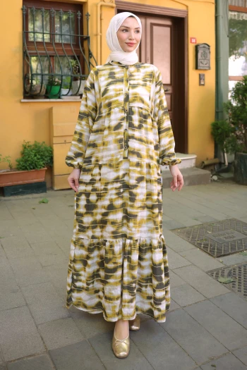 Hardal Yarım Düğmeli Kol Lastikli Batik Desenli Viskon Elbise