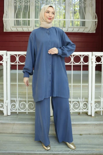 İndigo Düğmeli Tunik Pantolonlu Takım