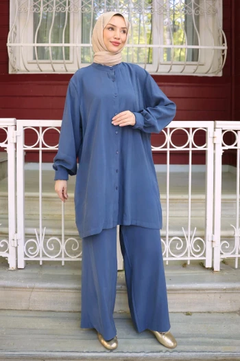İndigo Düğmeli Tunik Pantolonlu Takım