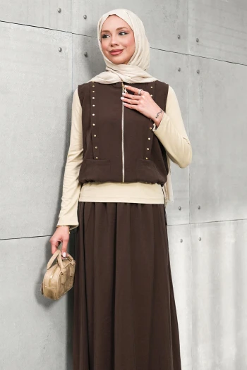 Kahverengi Fermuarlı Yelek Bady Etekli Üçlü Takım