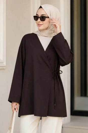 Kahverengi Kruvaze Yaka Yandan Bağlamalı Oversize Yazlık Kimono Tunik