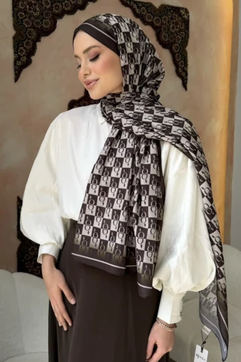 Kahverengi Monogram Desenli Soft Şal