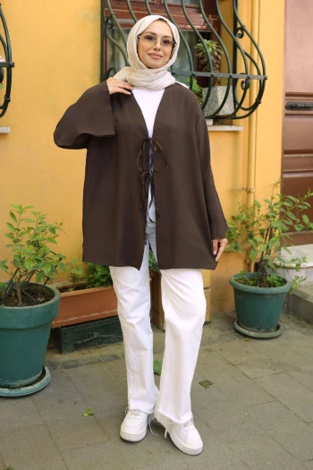 Kahverengi Ön Bağlamalı Kimono