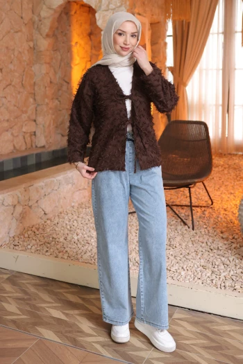 Kahverengi Ön Bağlamalı Püsküllü Kimono