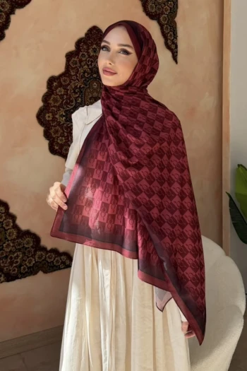 Kırmızı Monogram Desenli Soft Şal