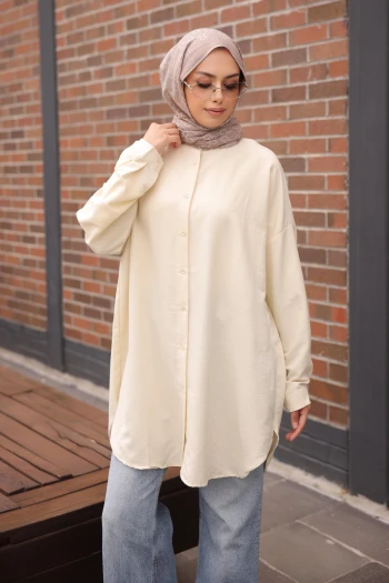 Krem Düğmeli Basic Salaş Tunik