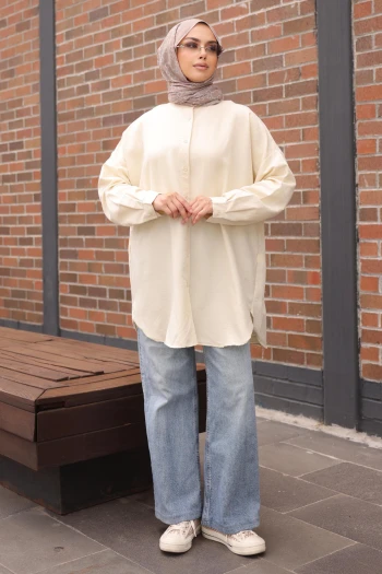 Krem Düğmeli Basic Salaş Tunik