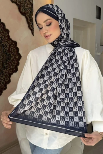 Krem Lacivert Monogram Desenli Soft Şal