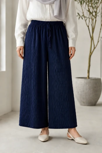 Lacivert Bel Lastikli Gofre Pantolon