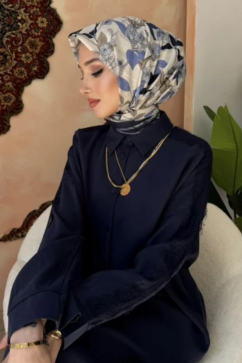 Lacivert Desenli Soft Eşarp