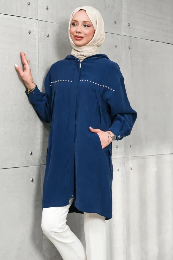 Lacivert Gizli Fermuarlı Kapüşonlu Tunik