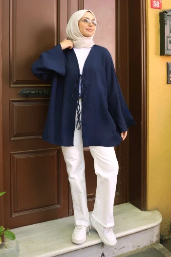 Lacivert Ön Bağlamalı Kimono