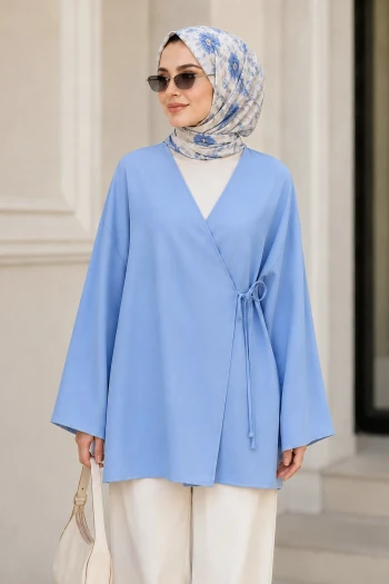 Mavi Kruvaze Yaka Yandan Bağlamalı Oversize Yazlık Kimono Tunik
