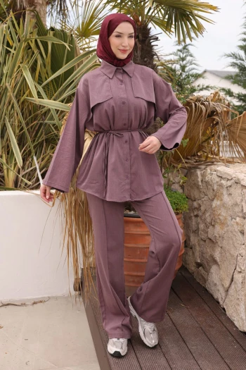 Mürdüm Bel Bağlamalı Tunik Pantolonlu Takım