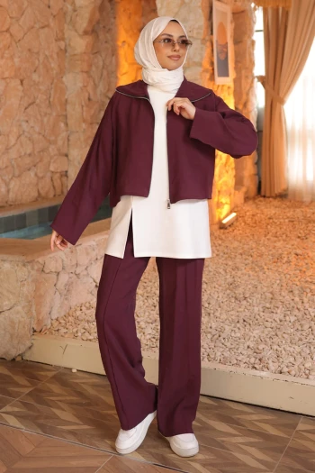 Mürdüm Ceket İçlik Pantolonlu Üçlü Kombin Takım