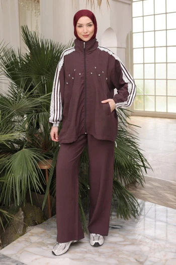 Mürdüm Dantel Detaylı Tunik Pantolonlu Takım