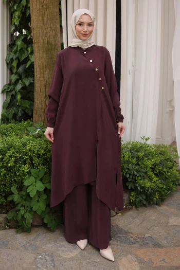 Mürdüm Düğmeli Tunik Pantolonlu Takım