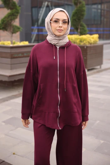 Mürdüm Fermuarlı Tunik Pantolonlu Modal Takım