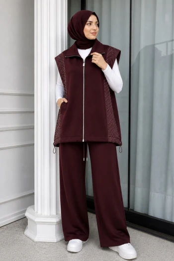 Mürdüm Garnili Yelek Pantolonlu Takım