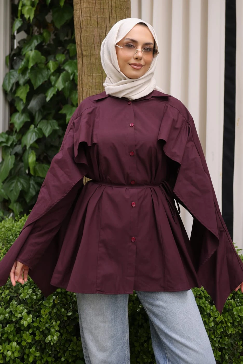 Mürdüm Kolları Pelerinli Bel Bağlamalı Gömlek