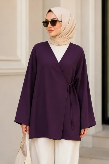 Mürdüm Kruvaze Yaka Yandan Bağlamalı Oversize Yazlık Kimono Tunik