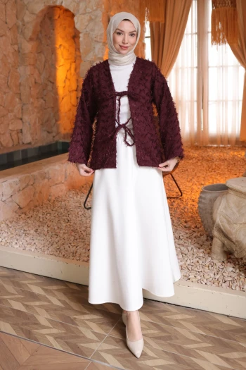 Mürdüm Ön Bağlamalı Püsküllü Kimono